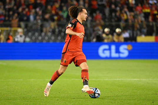Arthur Theate of Belgium in action with the ball