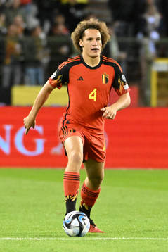 Wout Faes of Belgium in action with the ball