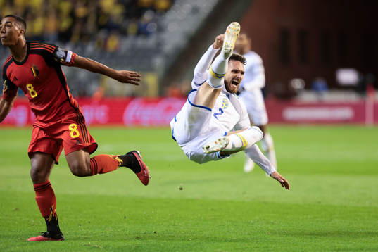 Youri Tielemans of Belgium battles for the ball with Linus