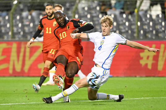 Romelu Lukaku of Belgium battles for the ball with Filip