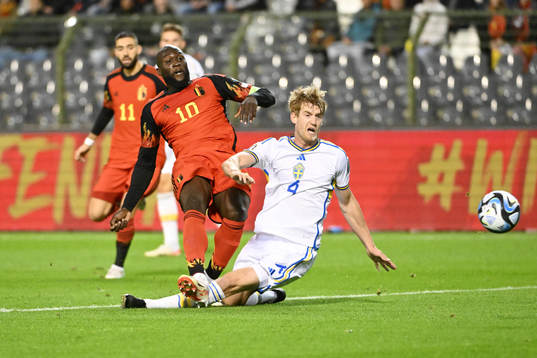 Romelu Lukaku of Belgium battles for the ball with Filip