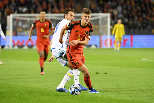 Charles De Ketelaere of Belgium battles for the ball with