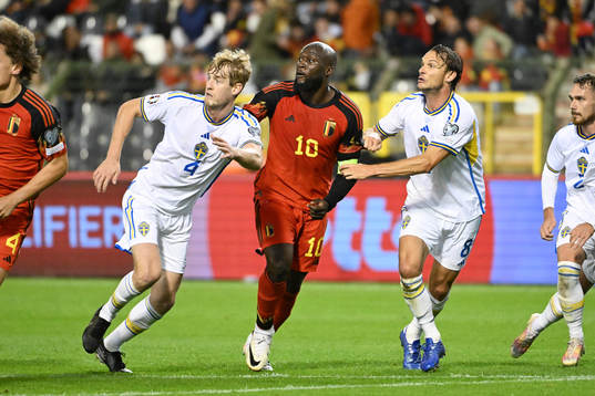 Romelu Lukaku of Belgium pictured with Filip Helander of