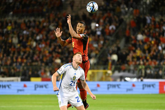 Youri Tielemans of Belgium battles for the ball with Dejan