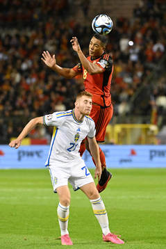 Youri Tielemans of Belgium battles for the ball with Dejan