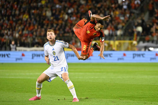 Youri Tielemans of Belgium battles for the ball with Dejan