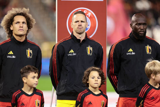 Wout Faes Matz Sels and Romelu Lukaku of Belgium
