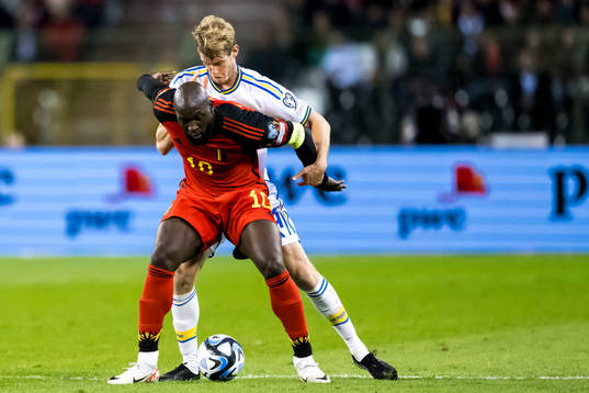 Romelu Lukaku of Belgium and Filip Helander of Sweden