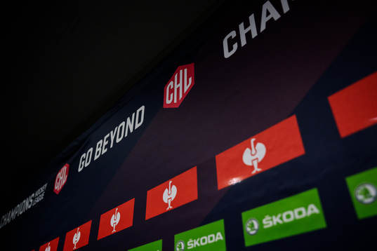 The CHL logo ahead the CHL game between Färjestad and