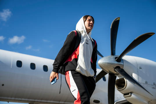 Ruby Grant of Häcken arrives at Münster/Osnabrück Airport
