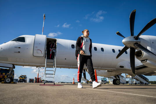 Hanna Wijk of Häcken arrives at Münster/Osnabrück Airport