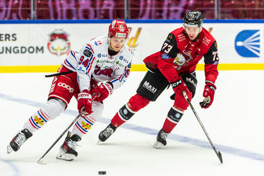 Timrås Sebastian Hartmann och Malmö Redhawks Adam Ollas