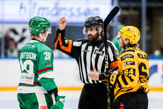 Rögles Anton Bengtsson och Domare Mikael Sjöqvist och