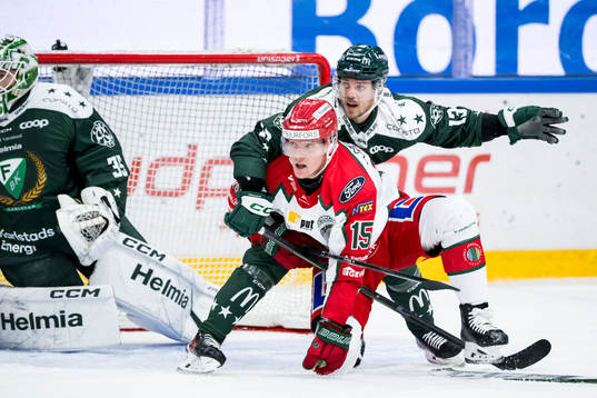 Frölundas Gustav Rydahl och Färjestads Joel Kellman