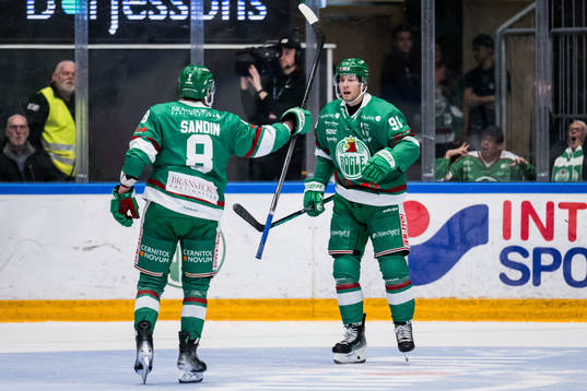 Rögle BKs Linus Sandin och Adam Tambellini jublar