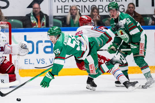 Rögle BKs Adam Engström och Timrå IKs Axel Rindell