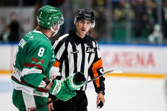 Domare Kristoffer Folkstrand och Rögle BKs Linus Sandin