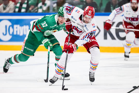 Rögle BKs Albin Sundsvik och Timrå IKs Emil Pettersson