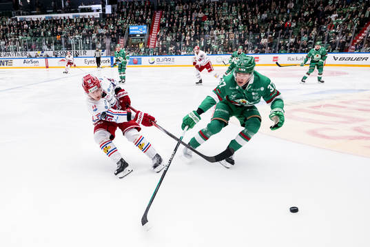 Timrå IKs Axel Rindell och Rögle BKs Albin Sundsvik