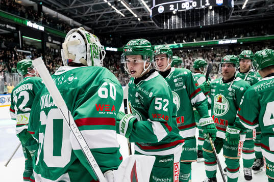 Rögle BKs målvakt Petr Kvaca och Felix Nilsson jublar