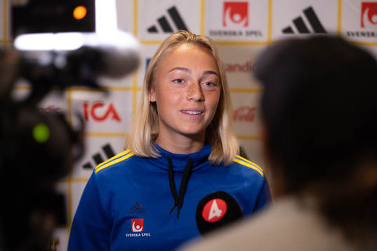 Hanna Bennisson of Sweden is interviewed at a press event