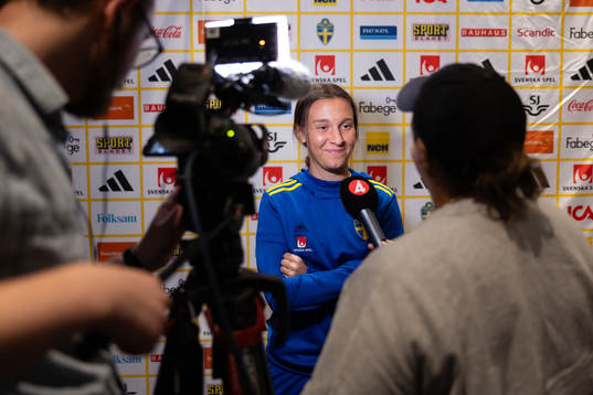 Julia Zigiotti Olme of Sweden is interviewed at a press