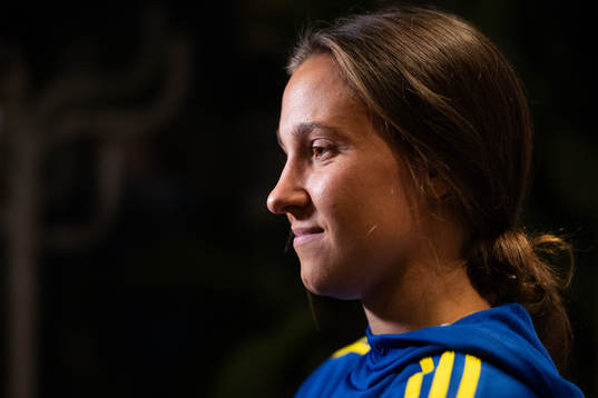 Julia Zigiotti Olme of Sweden is interviewed at a press