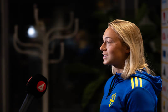 Hanna Bennisson of Sweden is interviewed at a press event