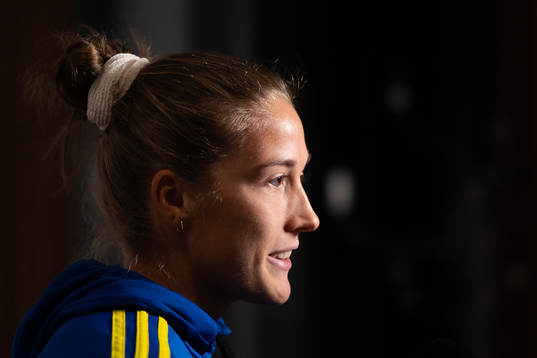 Filippa Angeldahl of Sweden is interviewed at a press event