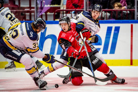 Malmö Redhawks Johan Olofsson mot HV71s Måns Lindbäck