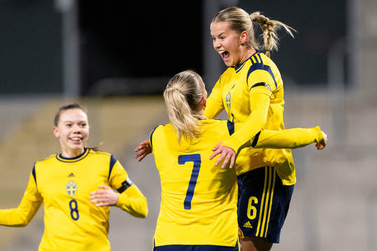 Sara Frigren and Tuva Skoog of Sweden celebrates