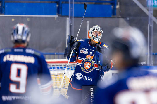 Växjös målvakt Emil Larmi jublar