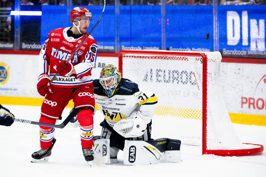 Timrås Panu Mieho och HV71s målvakt Joni Ortio