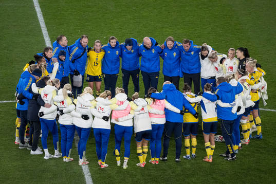 The players of Sweden celebrate as they gather in a ring