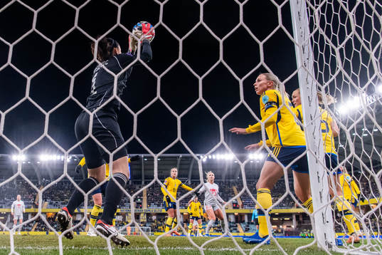 Goalkeeper Zecira Musovic and Jonna Andersson of Sweden