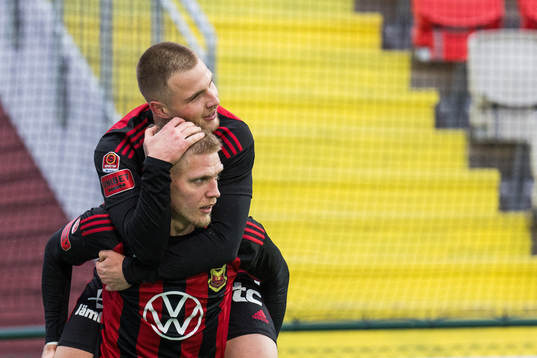 Östersunds Andre Österholm och Mykola Musolitin jublar