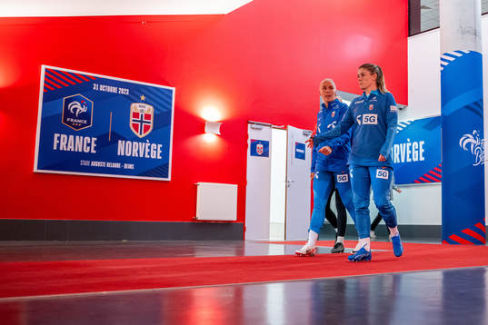 Maria Thorisdottir and Maren Mjelde of the Norwegian