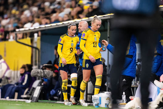 Kosovare Asllani and Stina Blackstenius of Sweden