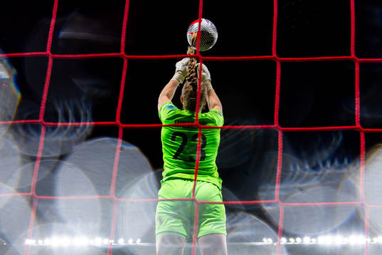 Goalkeeper Aurora Mikalsen of Norway makes a save