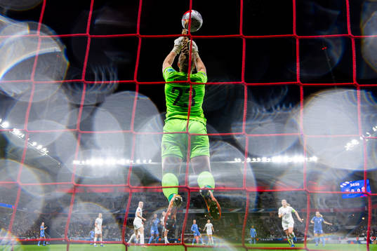 Goalkeeper Aurora Mikalsen of Norway makes a save