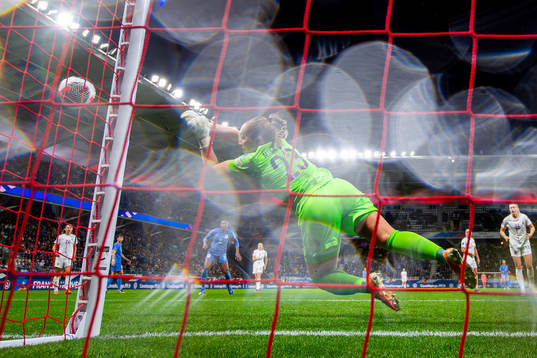 Goalkeeper Aurora Mikalsen of Norway makes a save