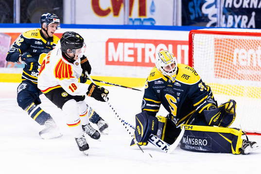 Brynäs Tyler Kelleher och Södertäljes målvakt Tomas