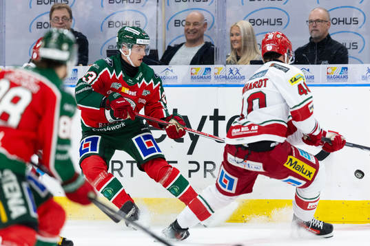Frölundas Linus Högberg och MoDos David Bernhardt