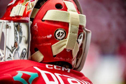 Malmö Redhawks målvakt Adam Werner bär en hjälp med