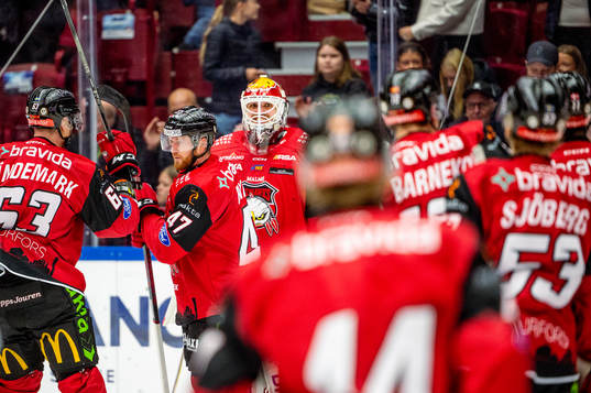 Malmö Redhawks målvakt Adam Werner jublar med