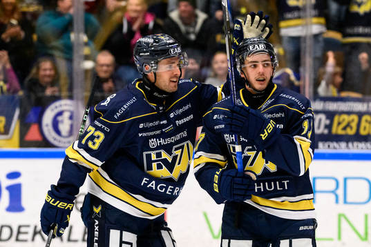 HV71s Nicholas Shore och Isac Brännström jublar
