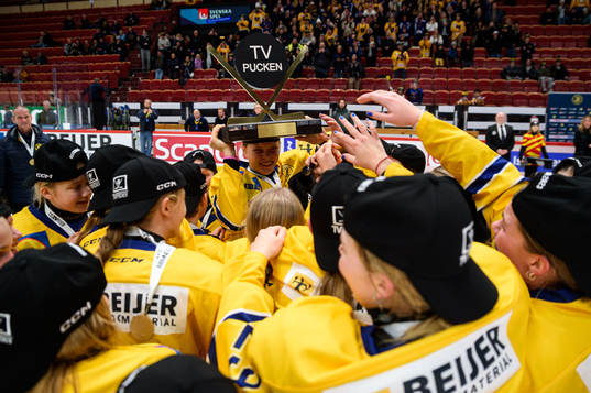 Dalarnas spelare jublar med pokalen för förstaplats