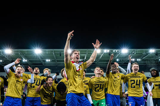 Remi-André Svindland of KFUM celebrates promotion to the