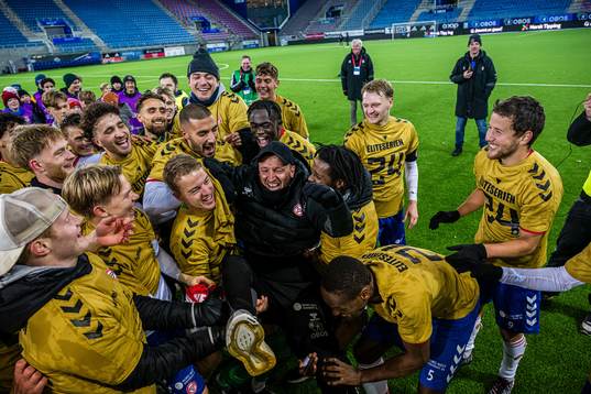 Johannes Moesgaard, head coach of KFUM, celebrates