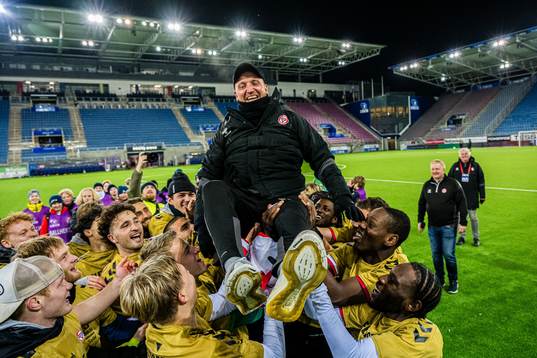 Johannes Moesgaard, head coach of KFUM, celebrates